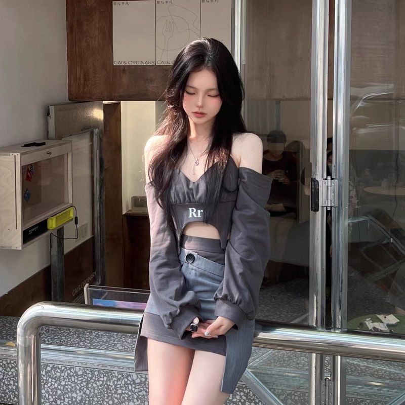 Set Áo Trễ Vai + Chân Váy Dài Lưng Cao Thời Trang Mùa Thu Phong Cách Mới Quyến Rũ Cho Nữ