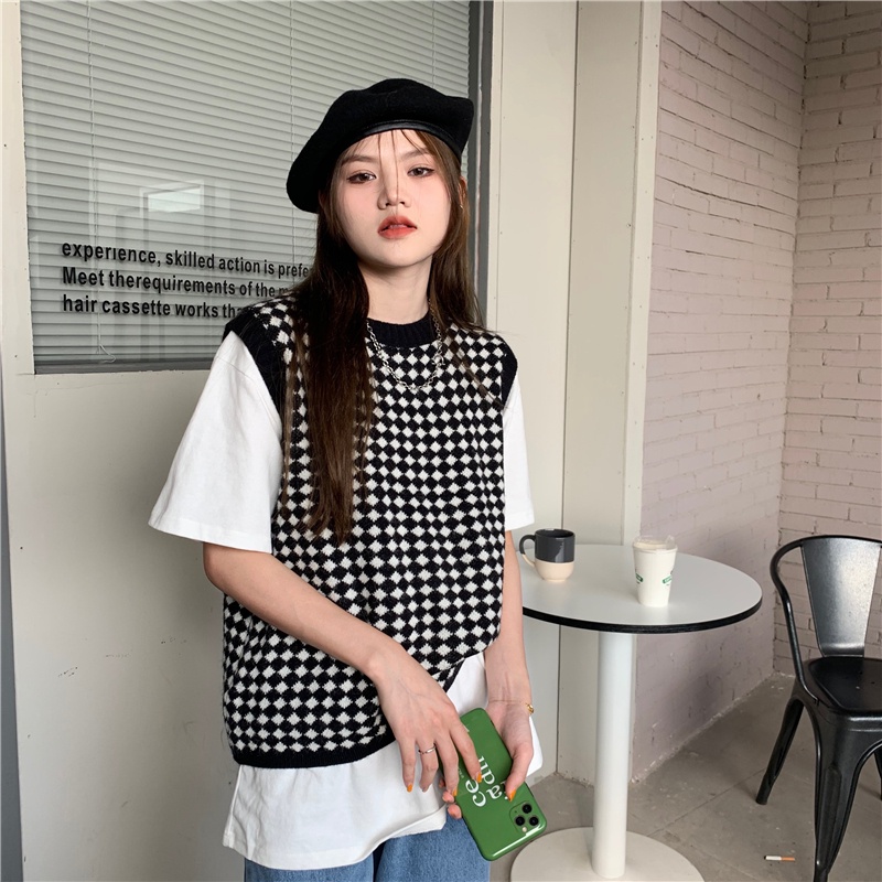 Áo dệt kim sát nách cổ tròn sọc ca rô thời trang cá tính | BigBuy360 - bigbuy360.vn