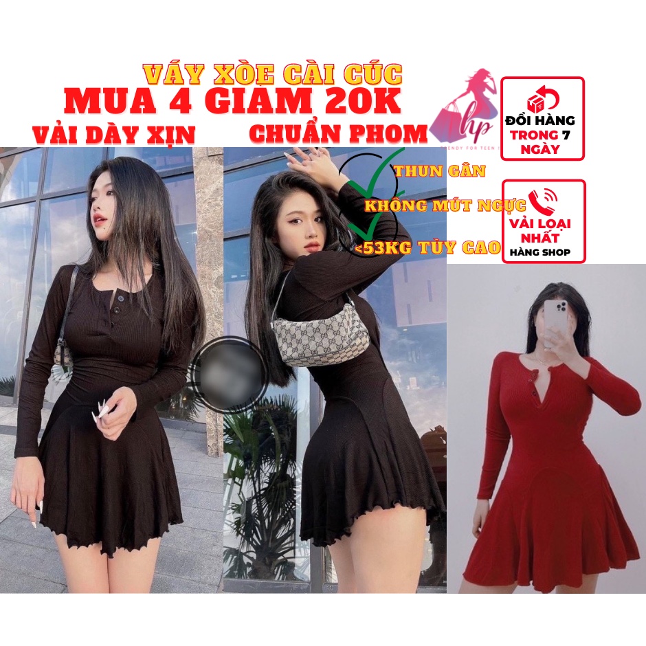 Váy đầm nữ body dáng xòe cài cúc tay dài màu đen thun gân sexy phong cách sang chảnh hàn VD140