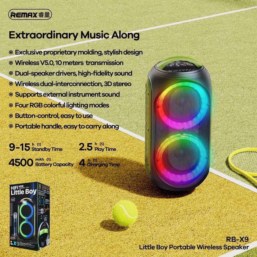 GIAO HỎA TỐC - Loa Kéo Bluetooth Karaoke Remax RB-X9 Little Boy LED RGB công suất kép 15W*2 kèm 1 micro không dây
