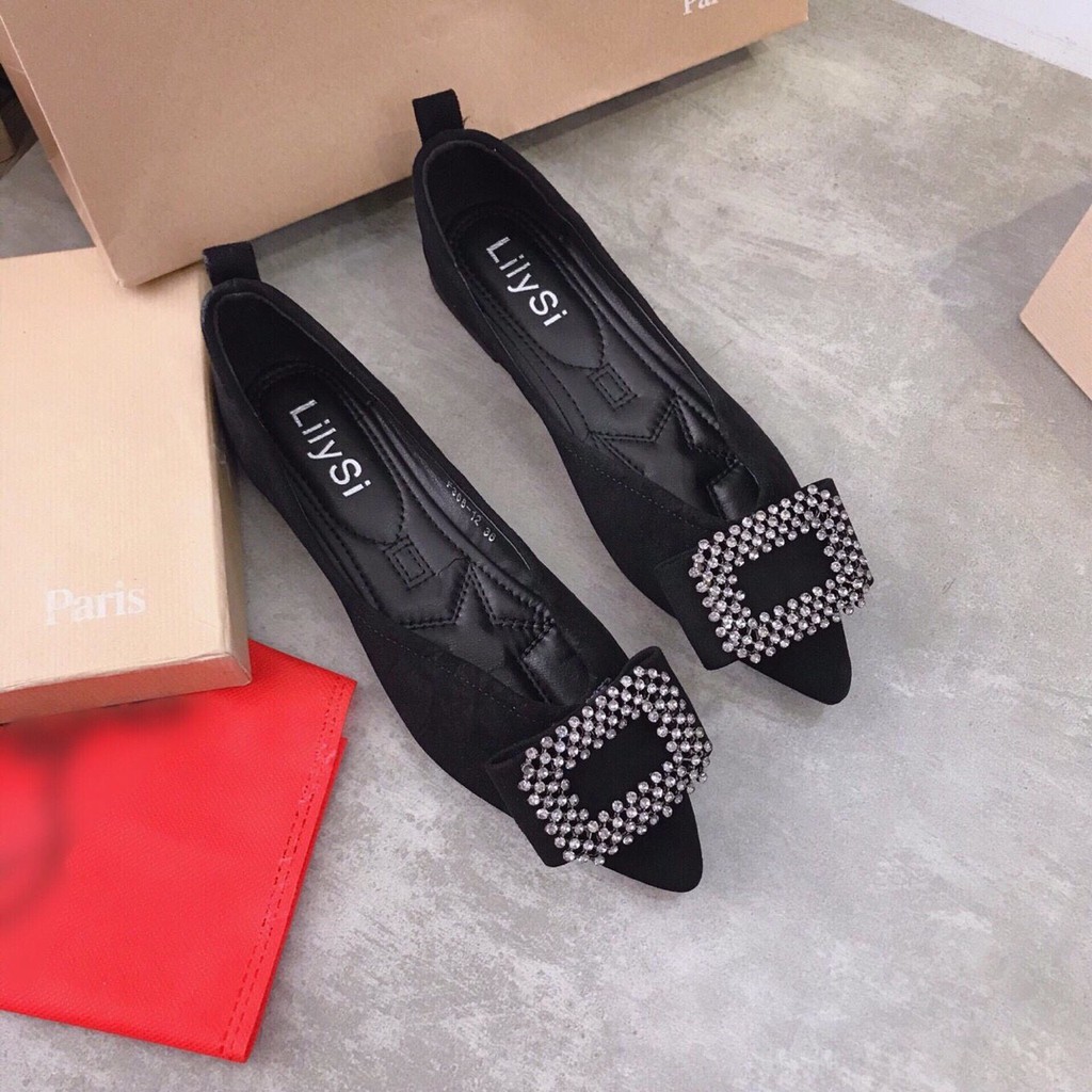 Giày búp bê nữ ACILICI thời trang chất nhung khóa đá , mũi nhọn kiểu dáng thanh lịch gót cao 2cm_TC058 | BigBuy360 - bigbuy360.vn