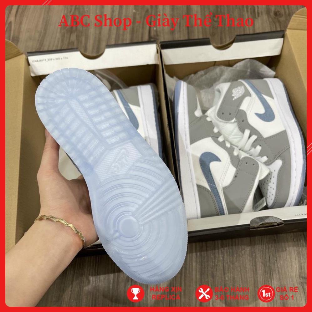 Giày Jordan trắng xám vạch xanh cao cổ , Giầy JD1 xám trắng móc xanh biển Full box