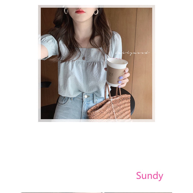 Áo sơ mi tay ngắn cổ vuông họa tiết sọc caro phong cách Hàn Quốc thời trang hè cho nữ