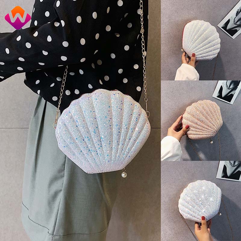 Túi Đeo Chéo Hình Vỏ Sò Đính Kim Sa Dễ Thương Thời Trang Cho Nữ