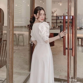 Đầm trắng tay rút nhúng eo (kèm hình thật)