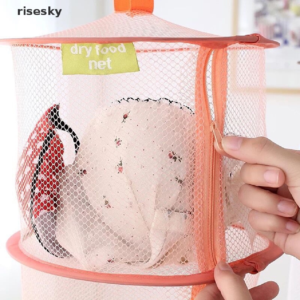 [risesky] Giỏ Lưới Treo 3 Tầng Có Khóa Kéo Dùng Để Phơi Đồ ♨Trên đó