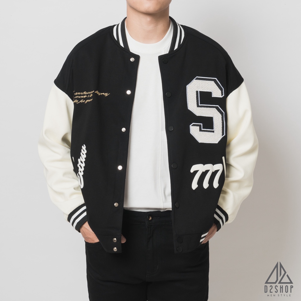 Áo khoác nam D2shop, áo khoác bomber nam phối tay, in lưng S777, màu đen