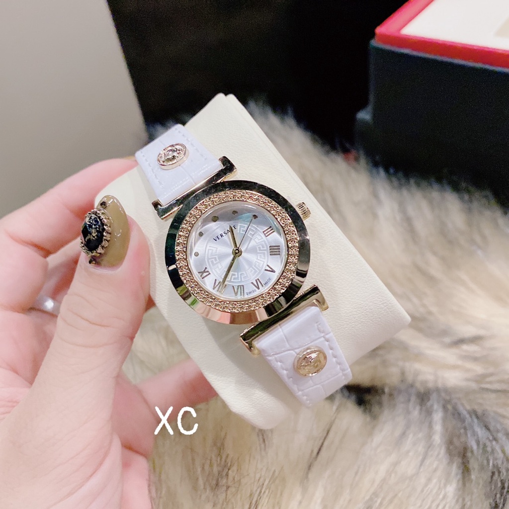 Đồng Hồ Nữ Cao Cấp, Đồng Hồ Đeo Tay Thời Trang VERSACE Dây da mặt Viền Thép Chống Nước