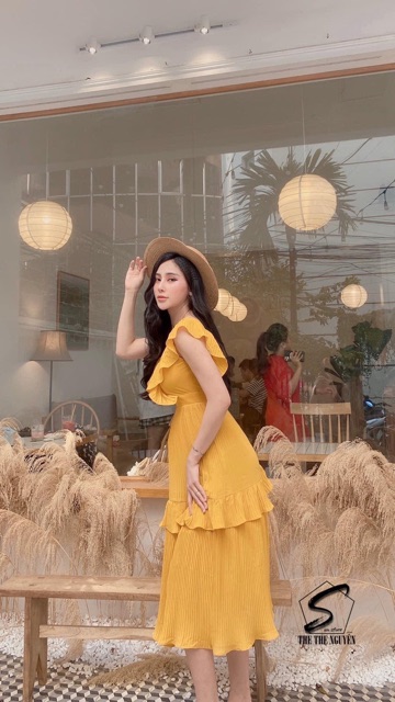 [FREESHIP] Đầm Maxi Vàng Trắng Vintage