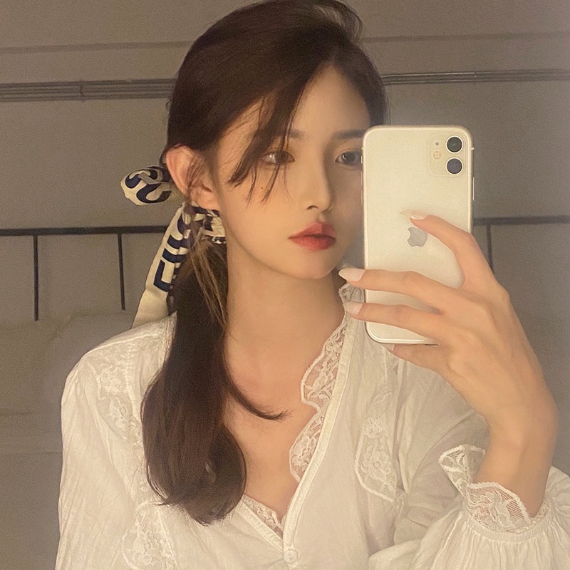 Khăn Choàng Cổ Dài Bằng Lụa Mỏng Họa Tiết Kẻ Sọc Thắt Nơ Dễ Phối Đồ Trang Trí Túi Xách Phong Cách Hàn Quốc