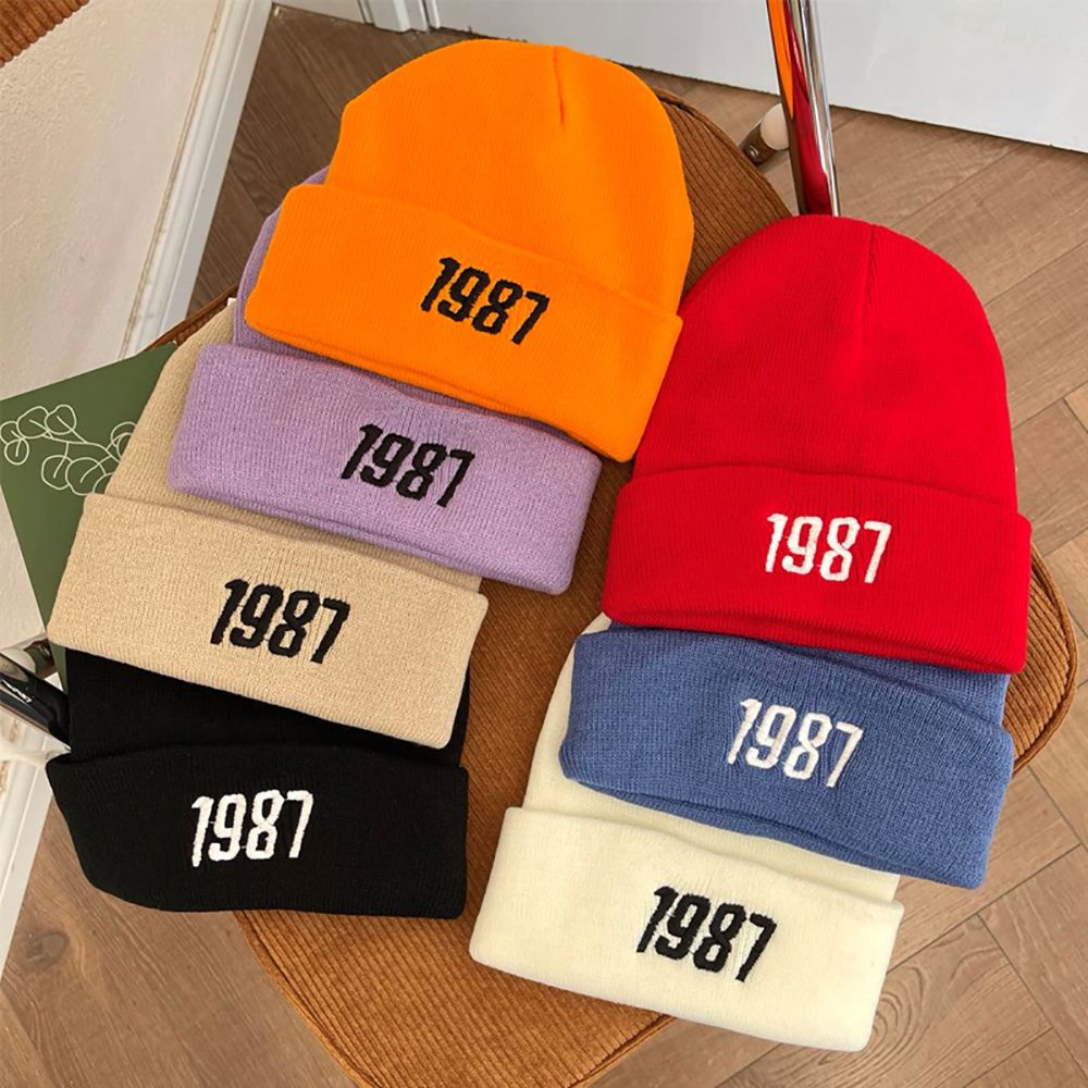 Mũ beanie giữ ấm thêu chữ số 1987 màu trơn dễ thương cho nữ