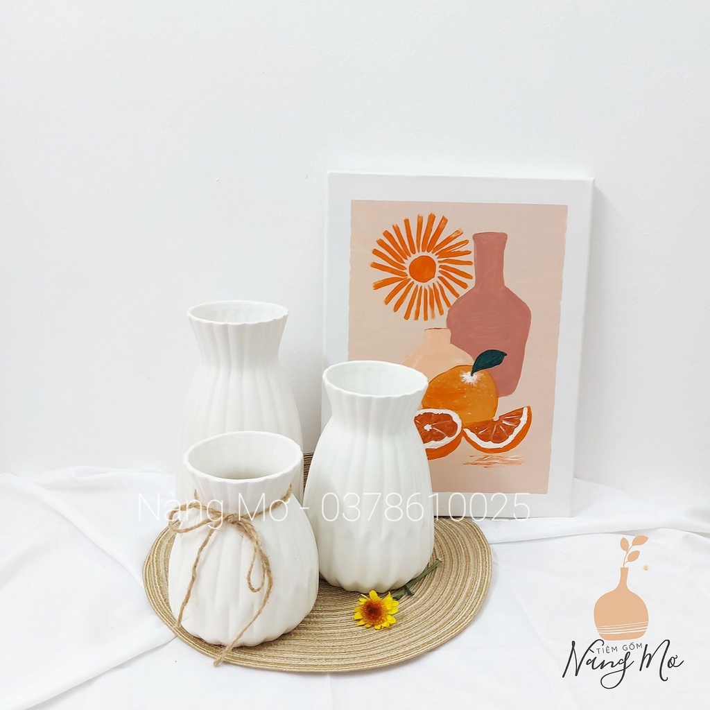Set 3 lọ hoa men mát Bát Tràng 2 màu trắng, hồng tặng kèm dây buộc cổ