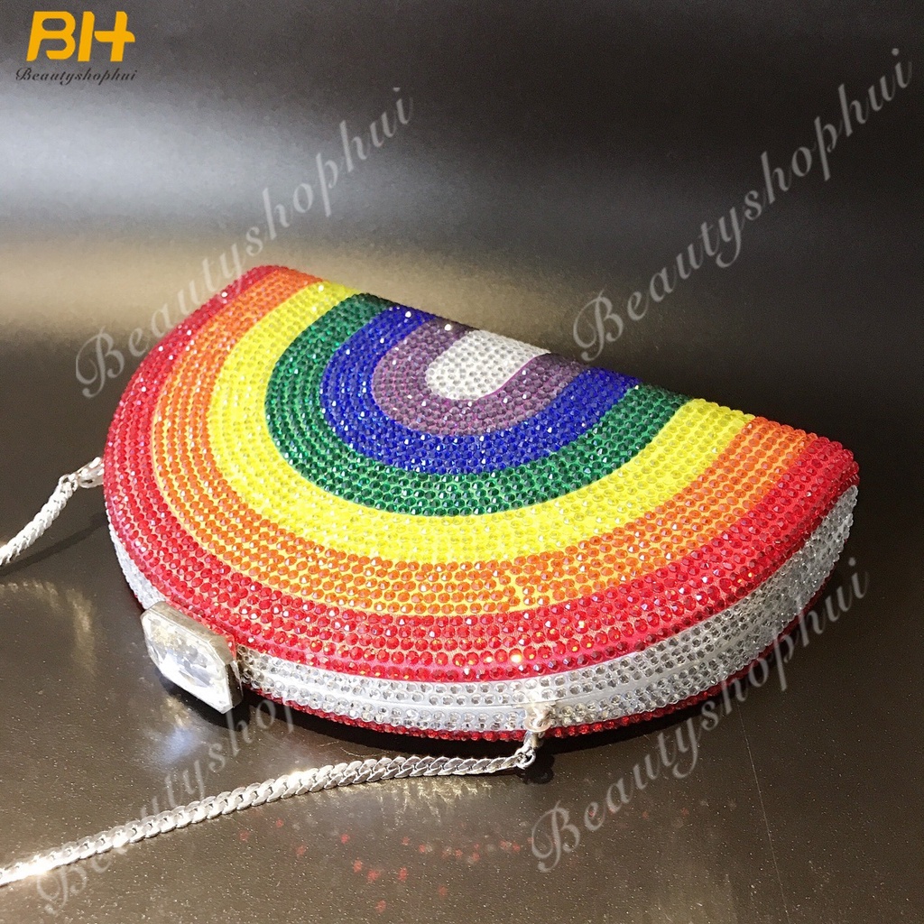 Túi Xách Đeo Chéo Hình Chữ D Đính Đá Màu Cầu Vồng Dành Cho Nữ