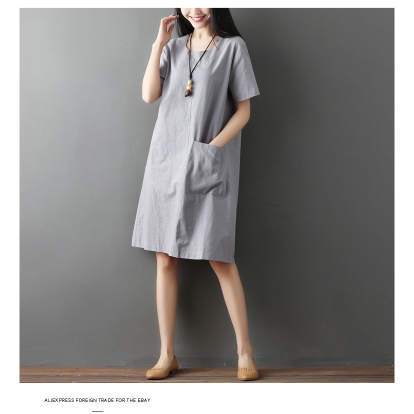 Đầm suông ngắn tay phối túi vuông thời trang. - DS72