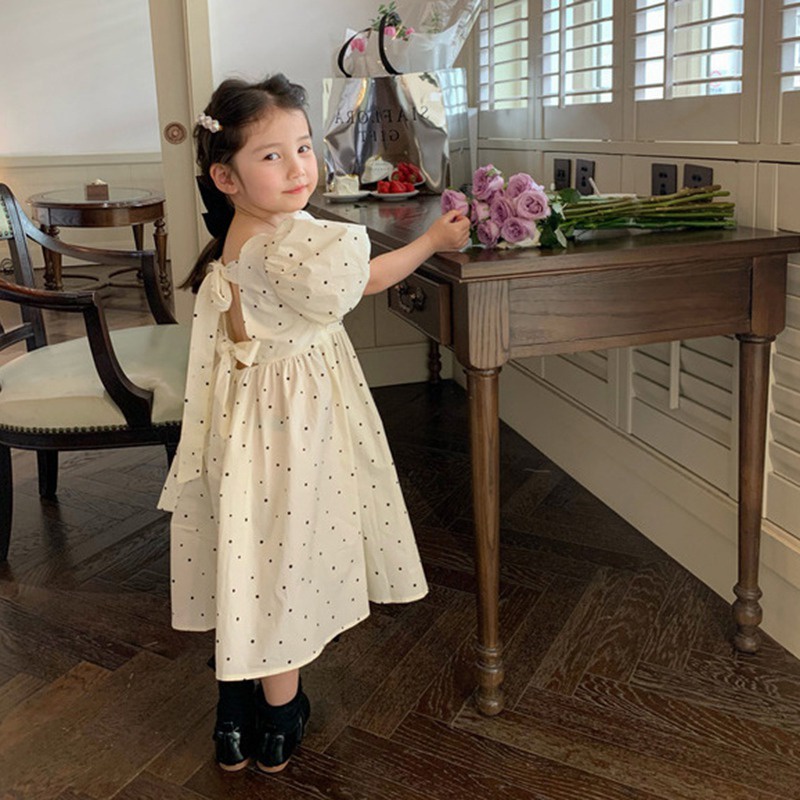 Đầm Công Chúa Tay Phồng Đính Nơ Họa Tiết Chấm Bi Kiểu Hàn Quốc Thời Trang Mùa Hè Cho Bé Gái Se7