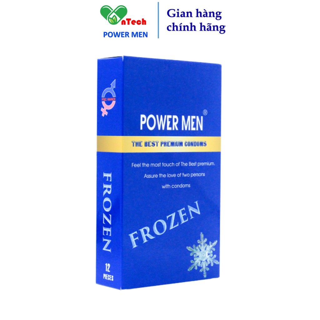 Bao cao su POWER MEN FROZEN gân gai tăng khoái cảm hương bạc hà mát lạnh 9% Benzocain siêu kéo dài thời gian hộp 12 cái