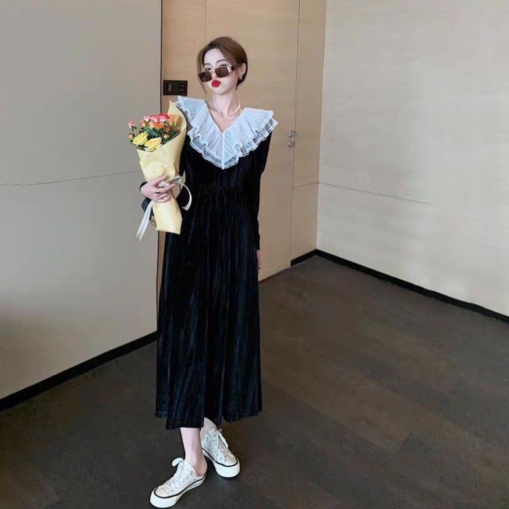 .VÁY ĐẦM  NHUNG DÀI  TAY CAO CẤP PHỐI VOAN