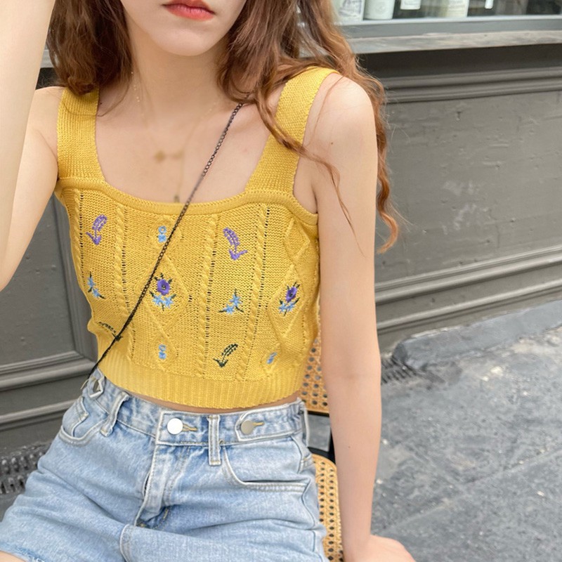 Áo Hai Dây Dệt Kim Thêu Hoa Xinh Xắn Cho Nữ