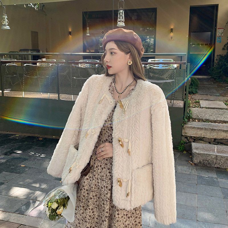 Áo Khoác Lông Cừu Giả Dày Dặn Cổ Tròn Thời Trang Thu Đông 2022 Cho Nữ