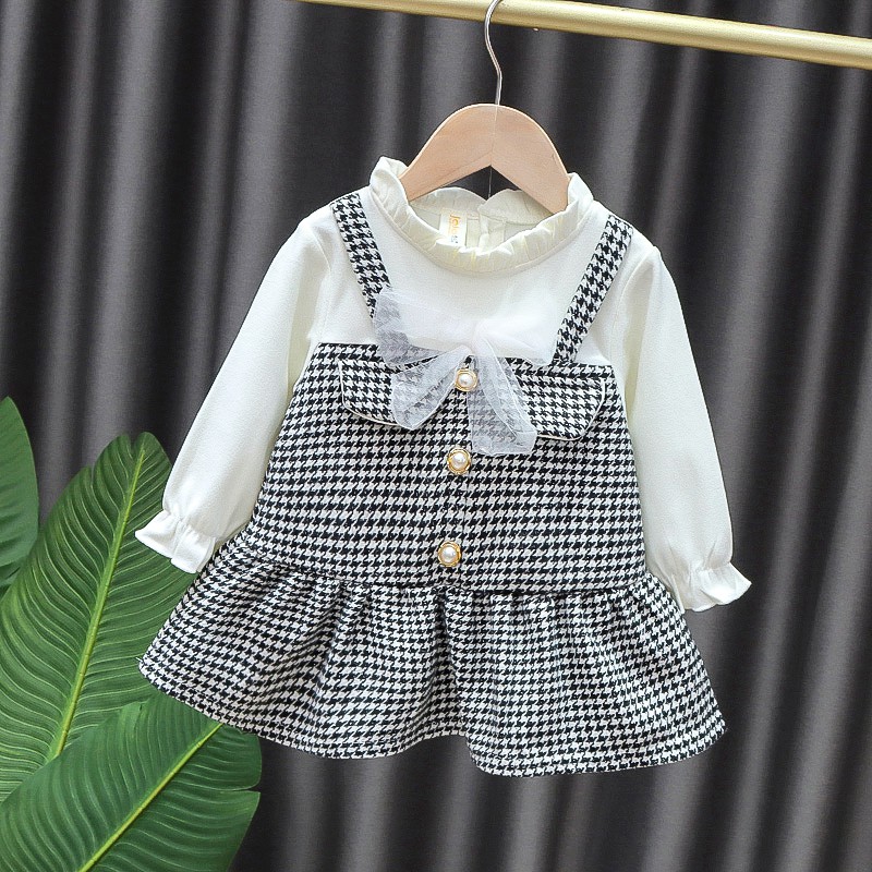 Dễ Thương Đầm Giả Nhiều Lớp Họa Tiết Houndstooth Đáng Yêu Cho Bé Gái