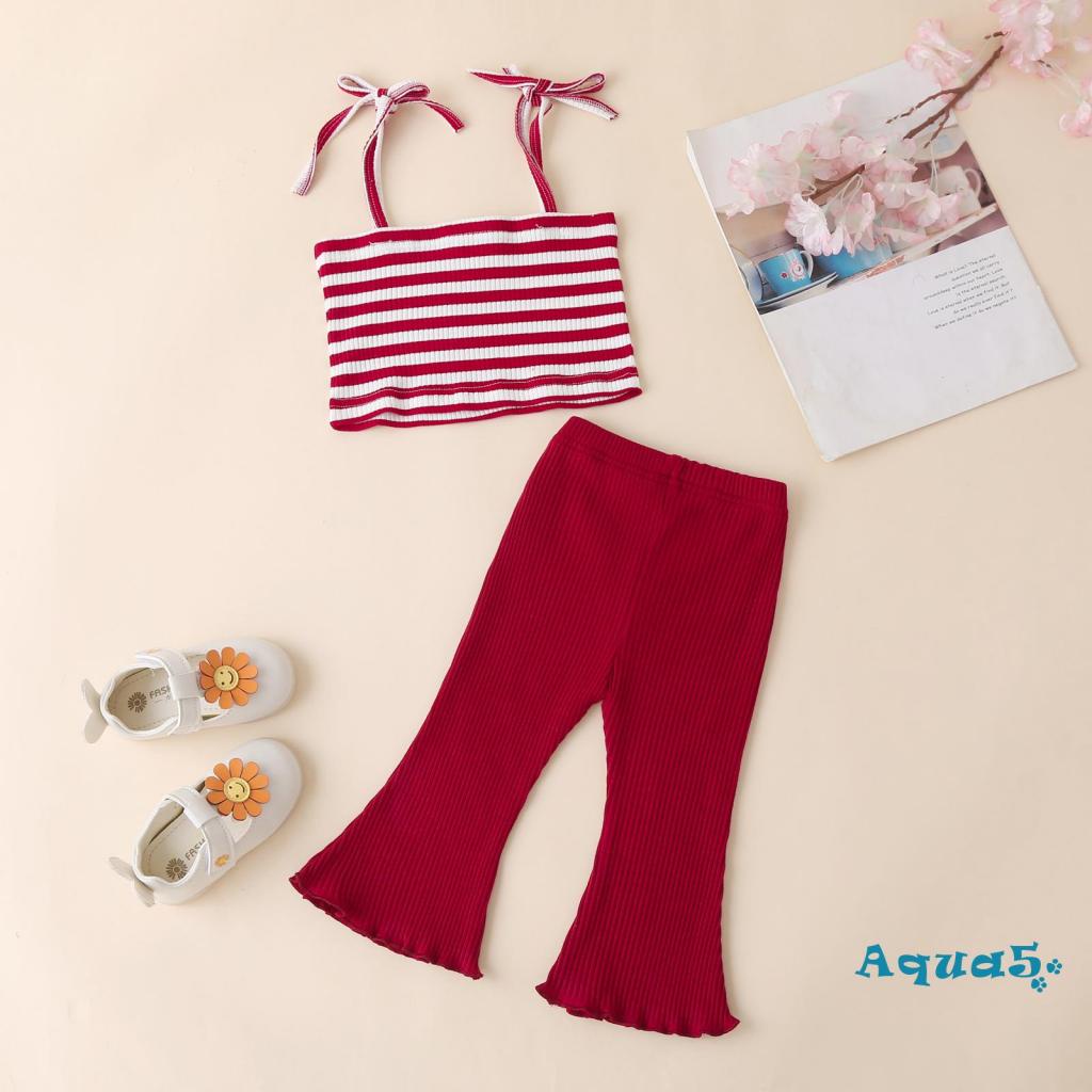 Bộ Áo Hai Dây Cổ Vuông Kèm Quần Dài Co Giãn Thời Trang Cho Bé Gái