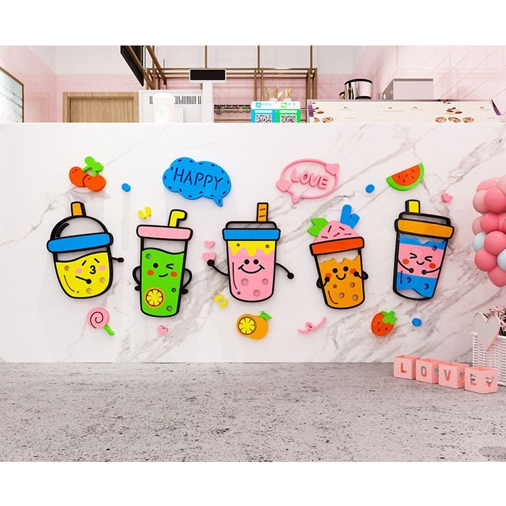 Giấy Dán Tường 3D Bằng Acrylic Trang Trí Cửa Hàng Trà Sữa