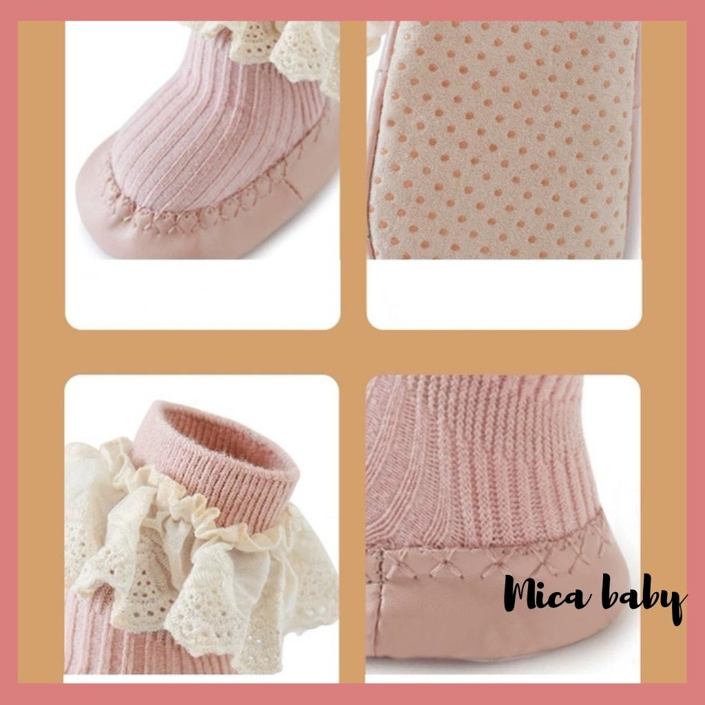 Giày tất tập đi chống trơn trượt viền ren đáng yêu cho bé Mica baby T07
