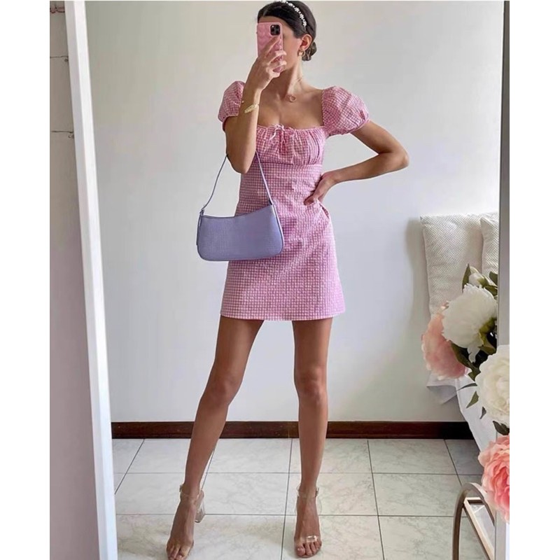 [FREESHIP - HÀNG LOẠI 1] VÁY KẺ HỒNG CỔ VUÔNG SIÊU XINH | BigBuy360 - bigbuy360.vn