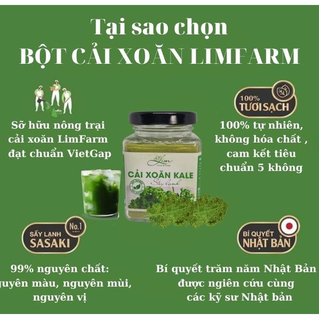 Bột Cải Xoăn Kale Sấy Lạnh LimFarm Nguyên Chất 100% Hũ 150Gram