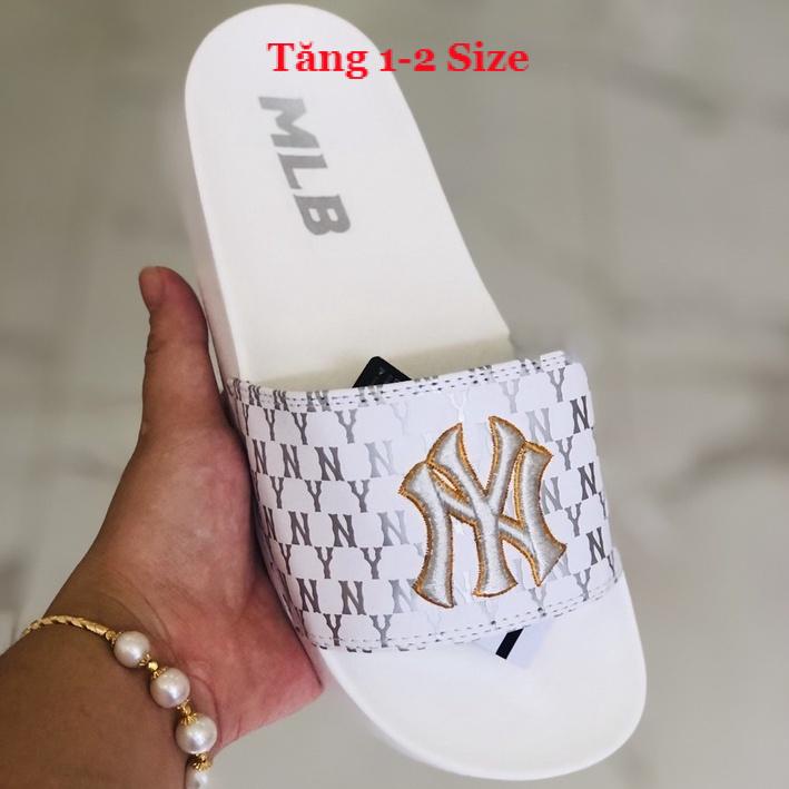 Dép unisex 𝐌𝐋𝐁 𝗡𝗬 ❤️FREESHIP + Hộp❤️ dép mlb ny gv bóng chày quai ngang thể thao nam nữ Thêu nỗi NY-NY GV-trắng-chữ-bạc