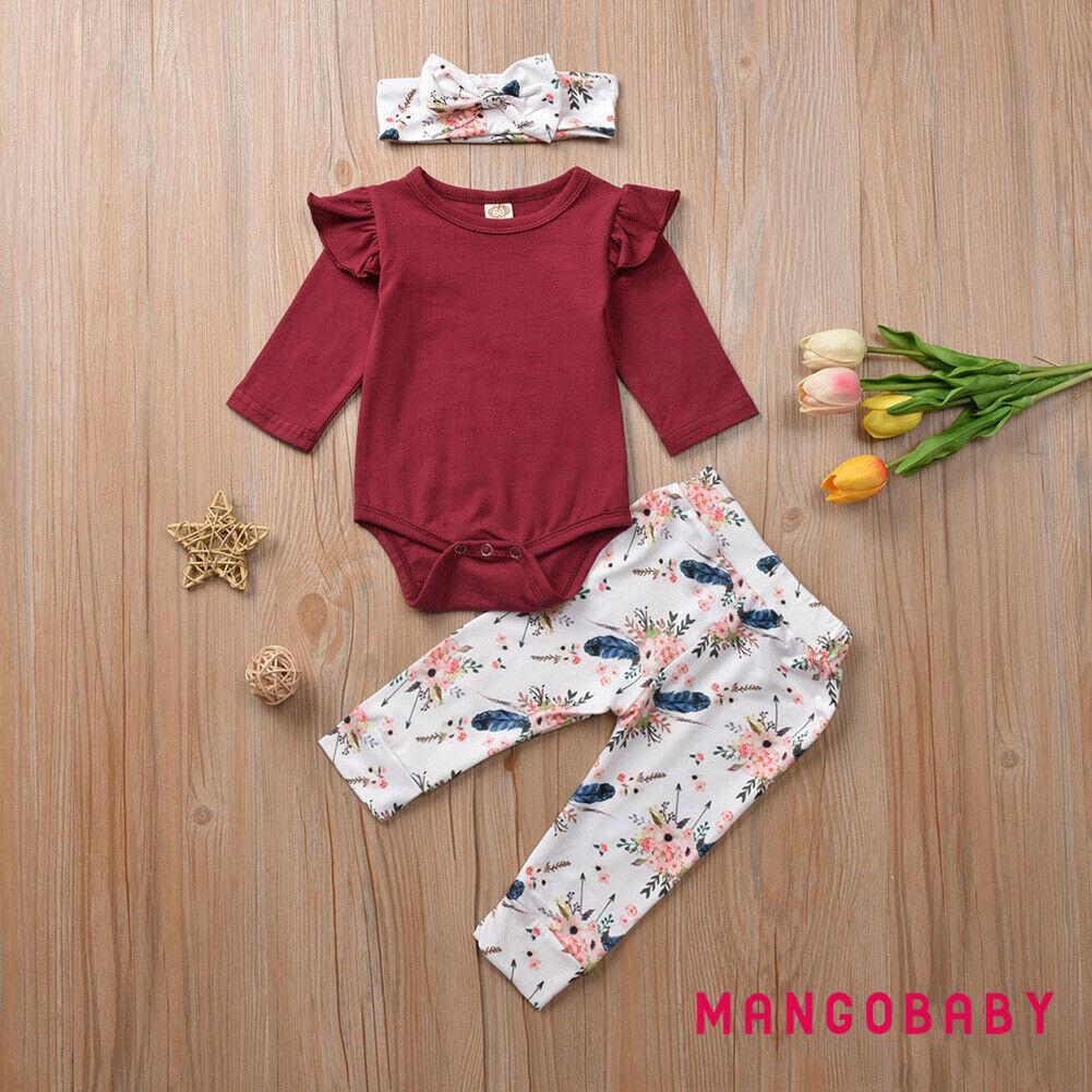 Bộ Trang Phục 3 Món Áo Liền Quần Tay Dài Màu Trơn + Quần Dài In Hoa Dễ Thương Cho Bé Gái Sơ Sinh