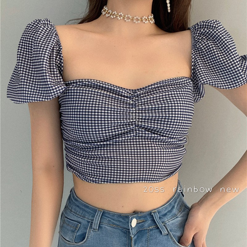 Áo Kiểu Tay Ngắn Cổ Vuông Họa Tiết Caro Đơn Giản Cho Nữ