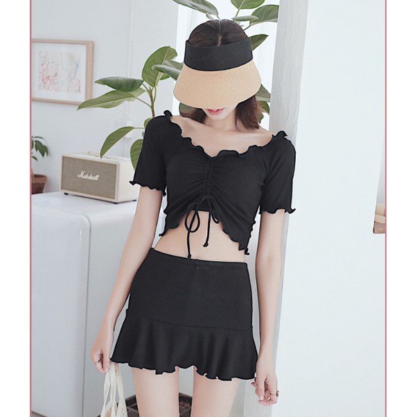 (có sẵn, hàng cao cấp) Đồ bơi/ Bikini 2 mảnh quần váy áo dây rút màu đen - HÀNG MỚI VỀ