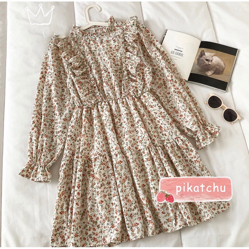 váy hoa nhí vintage, váy hoa nhí dáng xòe cánh tiên viền bèo pikatchu | BigBuy360 - bigbuy360.vn