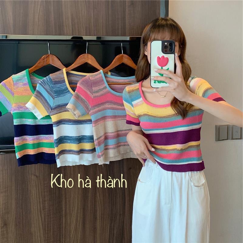 Áo Len Nữ Cộc Tay Cổ Vuông Quảng Châu Màu Cầu Vồng