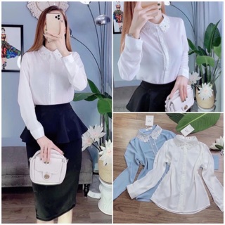 Áo sơ mi tằm thái phối cổ ren đính đá tay dài siêu sang