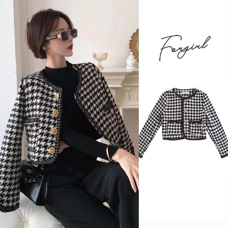 Áo dạ Tweed Forgirl kẻ caro dáng ngắn tiểu thư áo cardigan dạ dày dặn