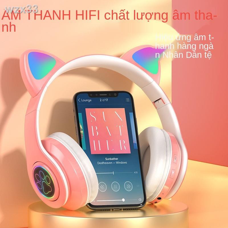 Tai nghe Bluetooth dạ quang gắn đầu mèo dễ thương đa chức năng bass siêu trầm dành cho điện thoại di động Apple và