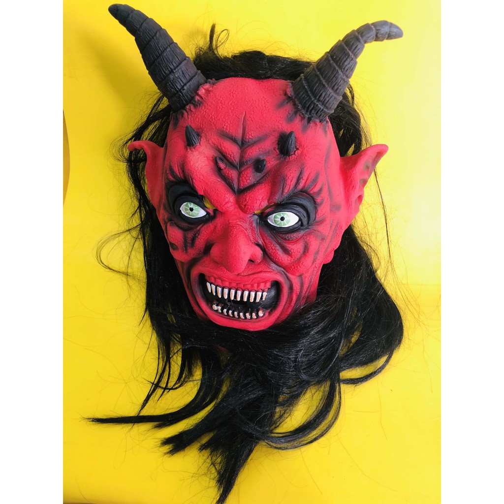 Mặt nạ đỏ 2 sừng kèm bộ tóc đen dài