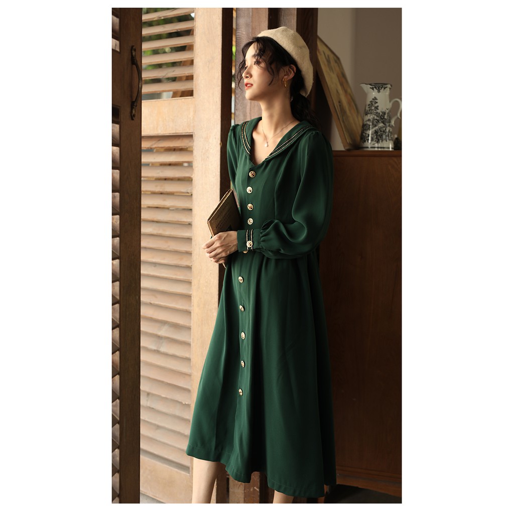 Đầm Xanh Rêu Melis Dress - MUOJ - phong cách Retro - Hàng Cao Cấp
