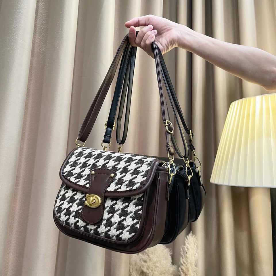 Túi xách nữ đeo chéo, Túi đeo vai da mix vải dạ tweed đẹp đi chơi phong cách thời trang hàn quốc giá rẻ dễ thương M77