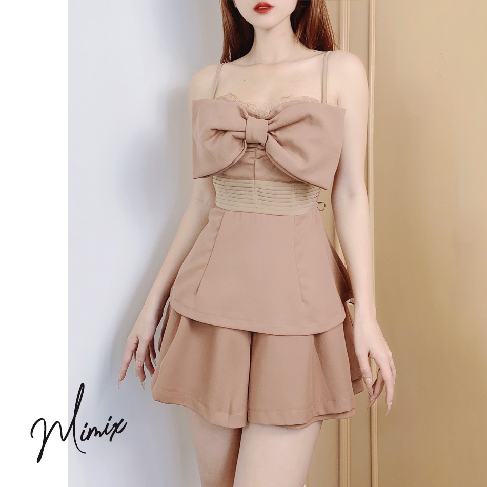 Set bộ trơn áo 2 dây nơ ngực kèm quần short chất tuyết mưa cao cấp MIMIX CI9270