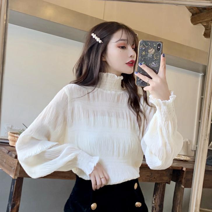 COZOK Áo sơ mi nữ tay dài màu trơn phối ren thời trang Hàn Quốc