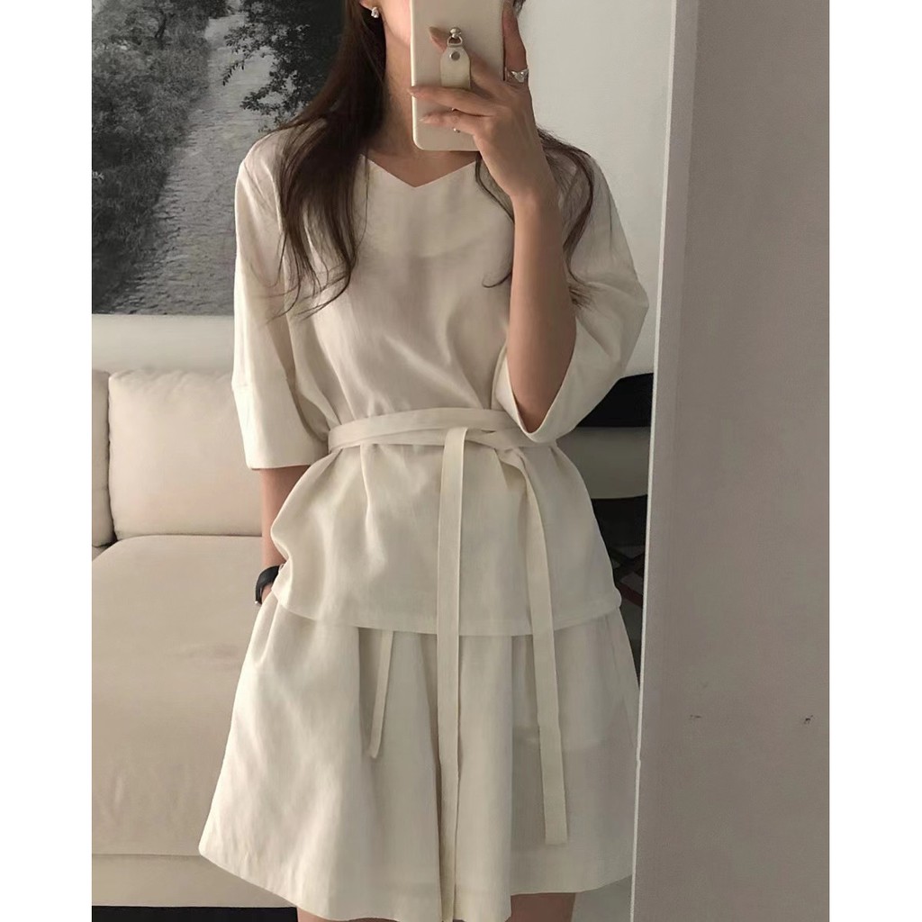 Bộ váy chất đũi siêu mát áo tay lửng, quần short có dây buộc eo