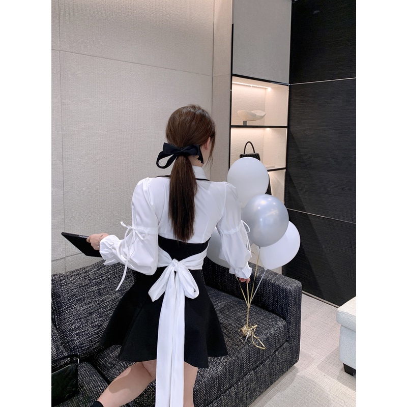 Set áo sơ mi trắng nữ kèm dây cột thắt nơ sau lưng cà vạt tay dài hàn quốc + yếm đầm đen ngắn xòe tiểu thư ulzzang
