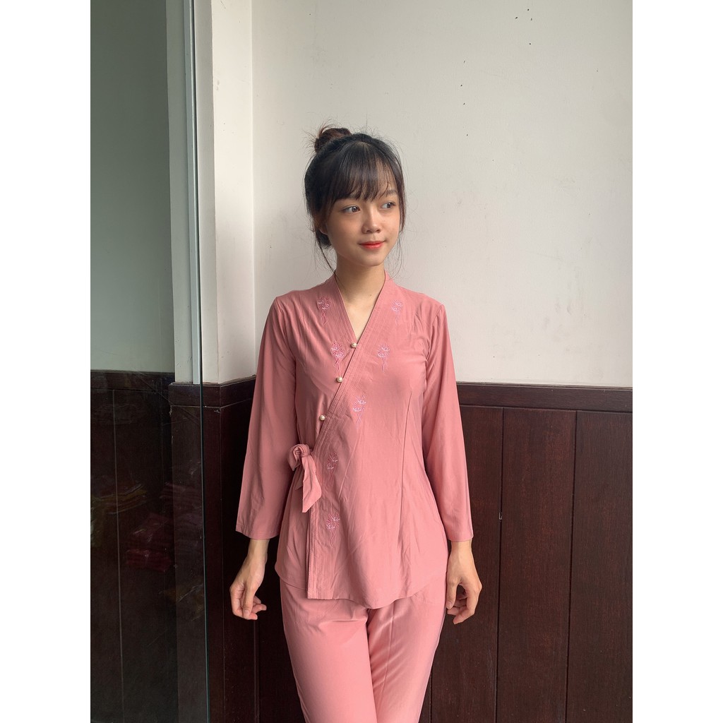 Áo lam đi chùa - cột nơ thun thêu viền