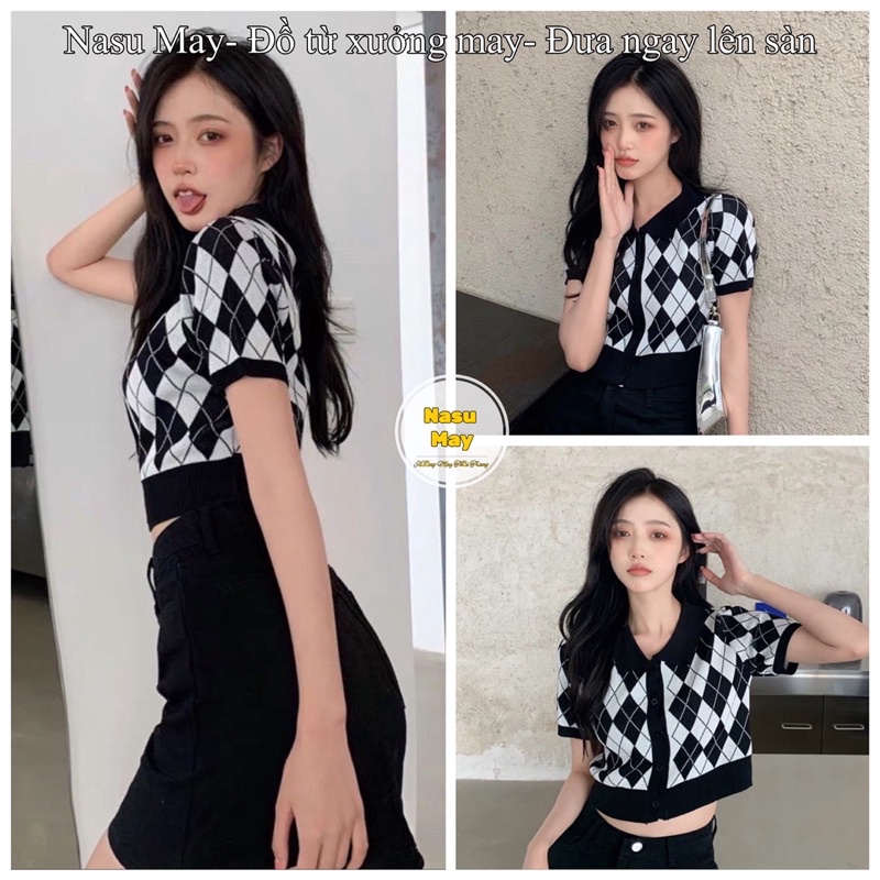 Áo Cardigan Croptop, áo Khoác Nữ Tay Ngắn Cổ Bẻ Kẻ Kim Cương (croptop kim cương)