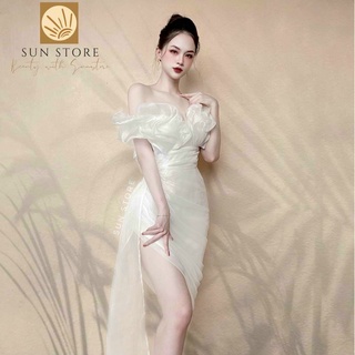 Đầm body trễ vai tơ bóng chéo chân vạt sườn