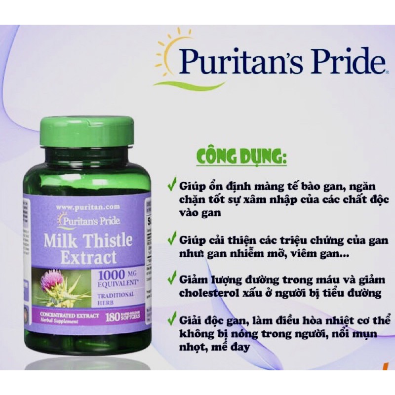 💜[HSD 07/2023] Viên uống bổ gan PURITANS PRIDE Milk Thistle Extract 1000mg của Mỹ 180 viên💜