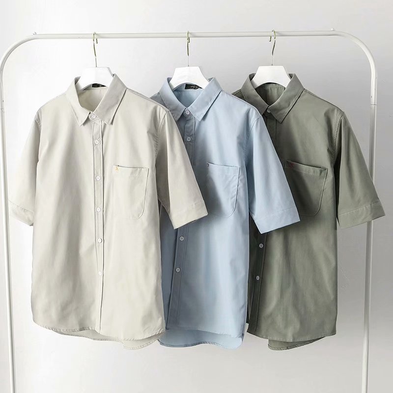 Men's retro simple solid color short-sleeved shirt